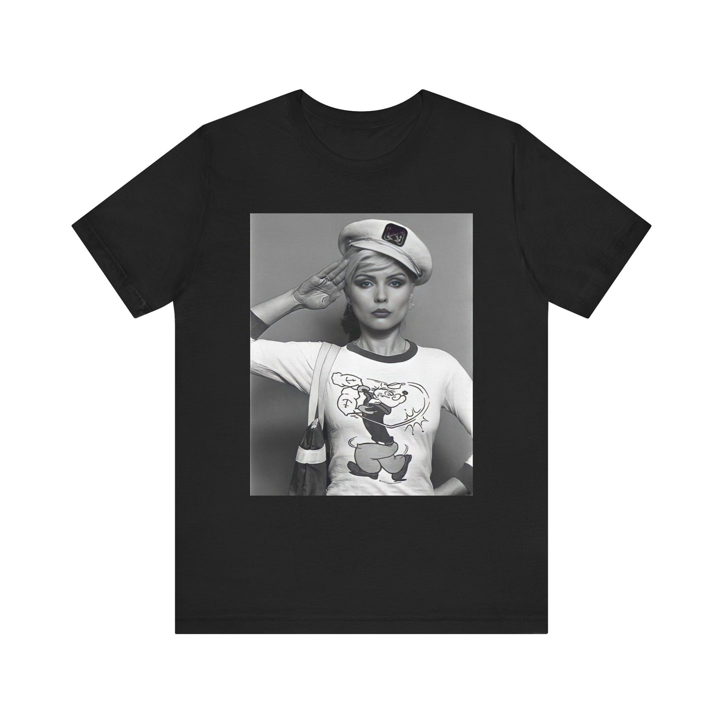 A black graphic t-shirt featuring a classic black and white graphic of the band Blondie.