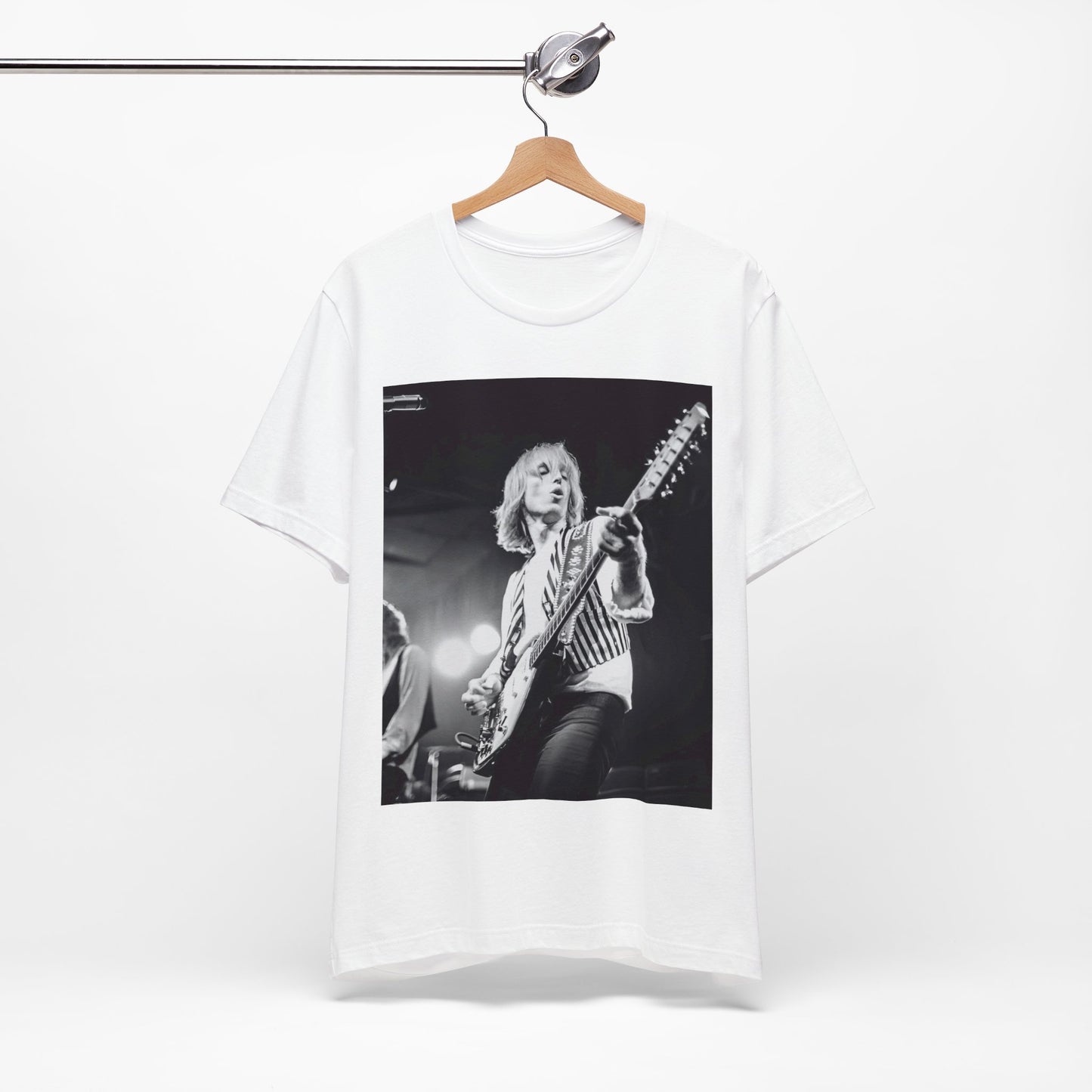 A black graphic t-shirt featuring a graphic of Tom Petty as a Rock & Roll Hall of Fame icon.