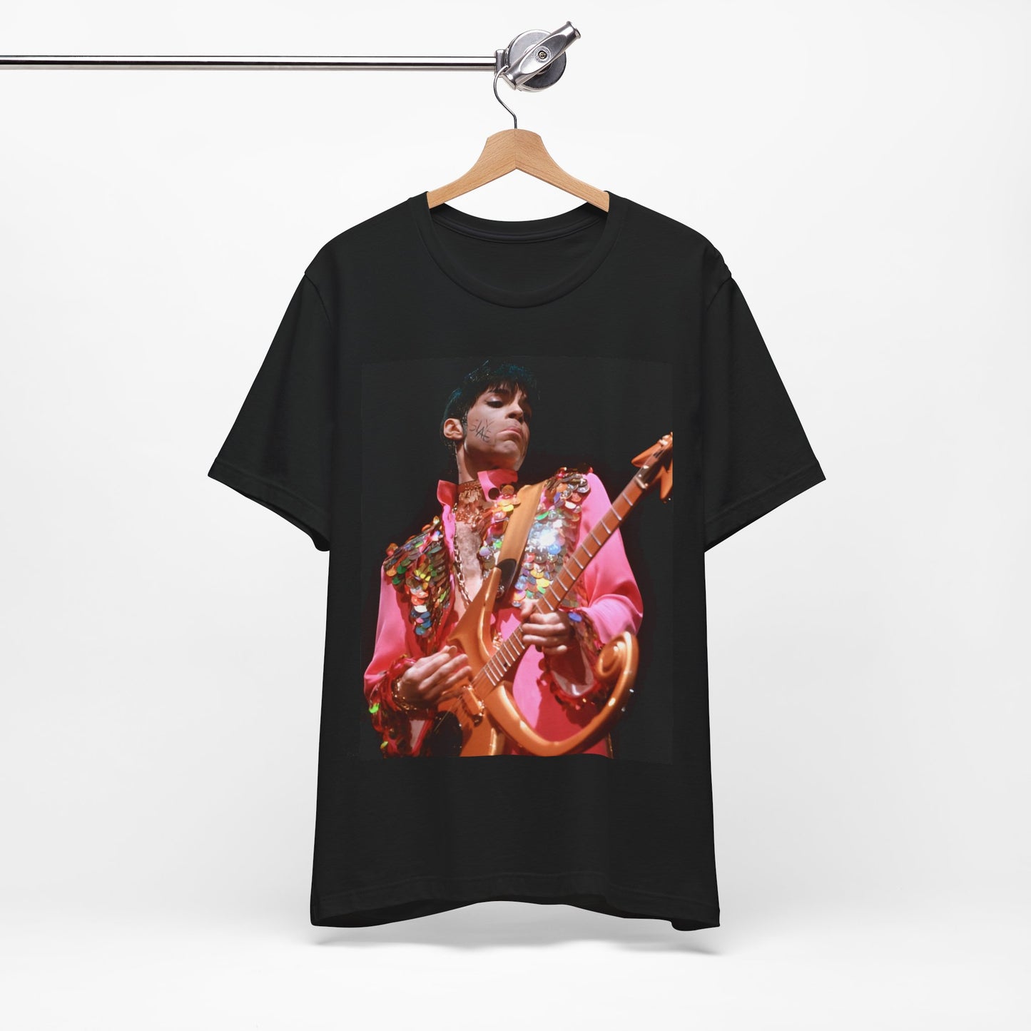 A black graphic t-shirt featuring a graphic of Prince as an unapologetic sex symbol.