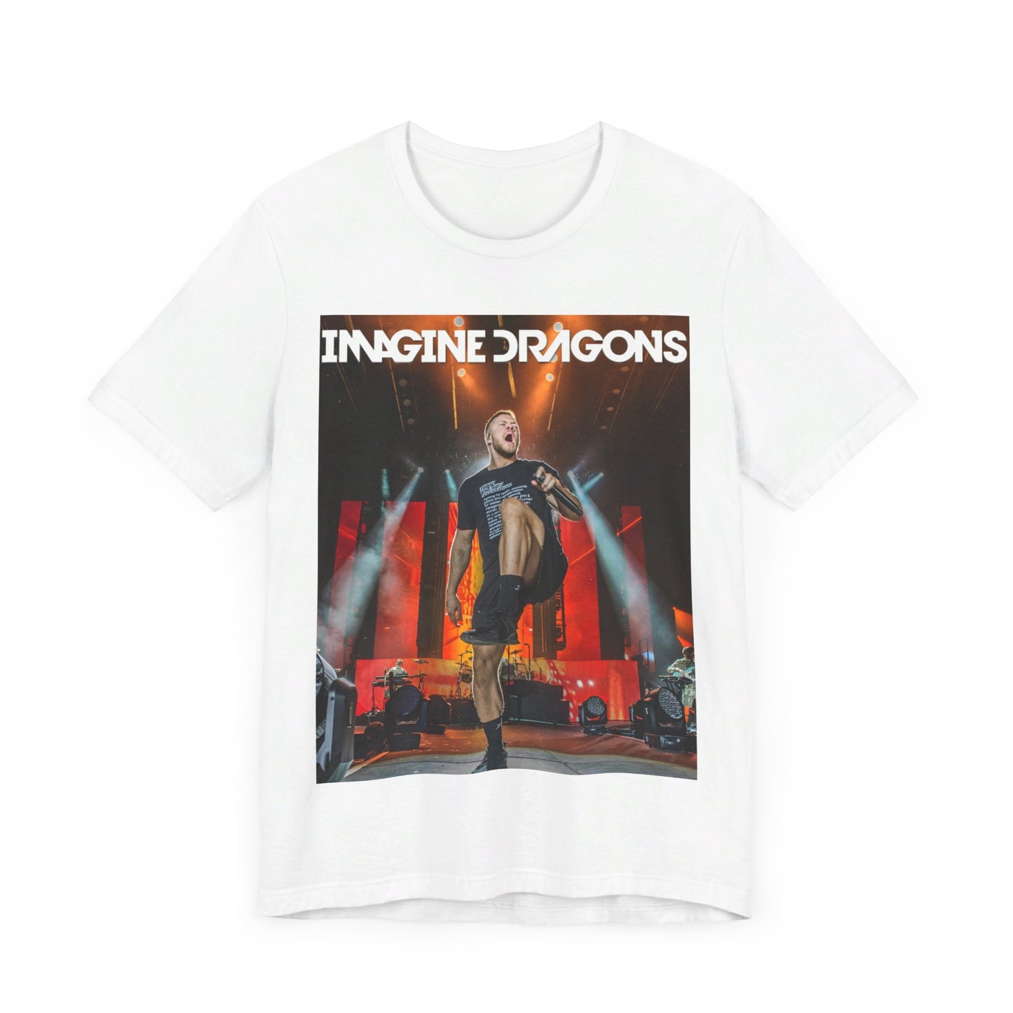 A black graphic t-shirt featuring a graphic or photo of Imagine Dragons performing live on stage.