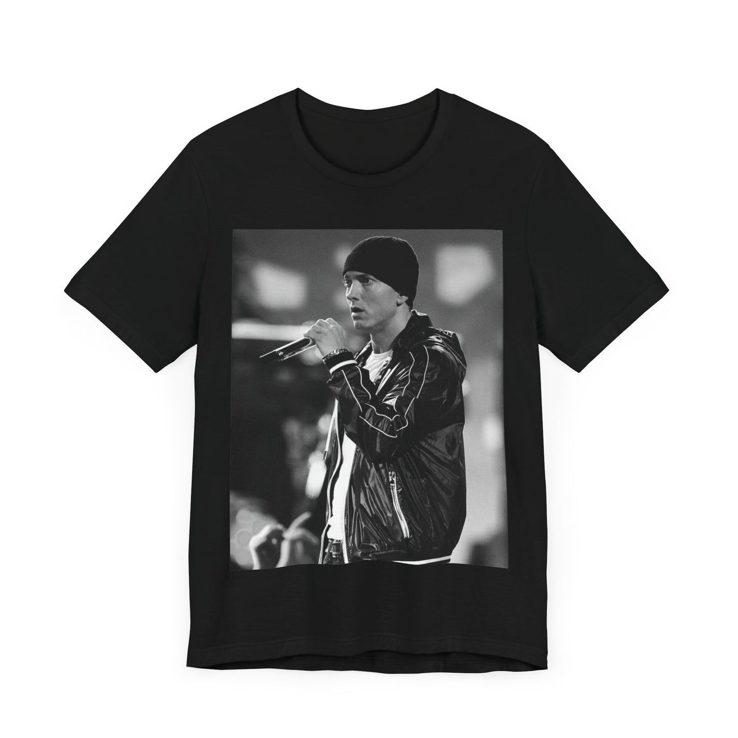 A black graphic t-shirt featuring a classic 90s graphic of Eminem as a 'Rap God'.