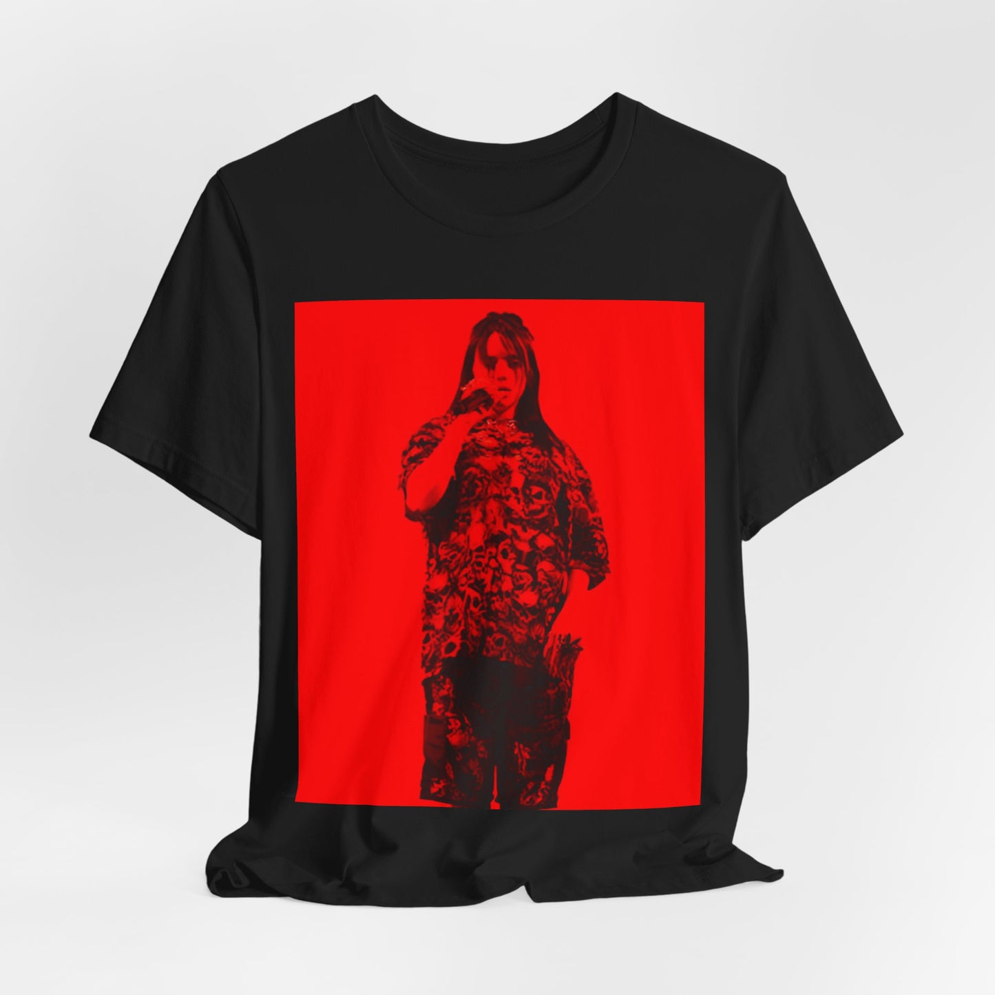 A portrait of Billie Eilish with platinum blonde hair from her 'Happier Than Ever' era, looking over her shoulder, printed on a graphic t-shirt.
