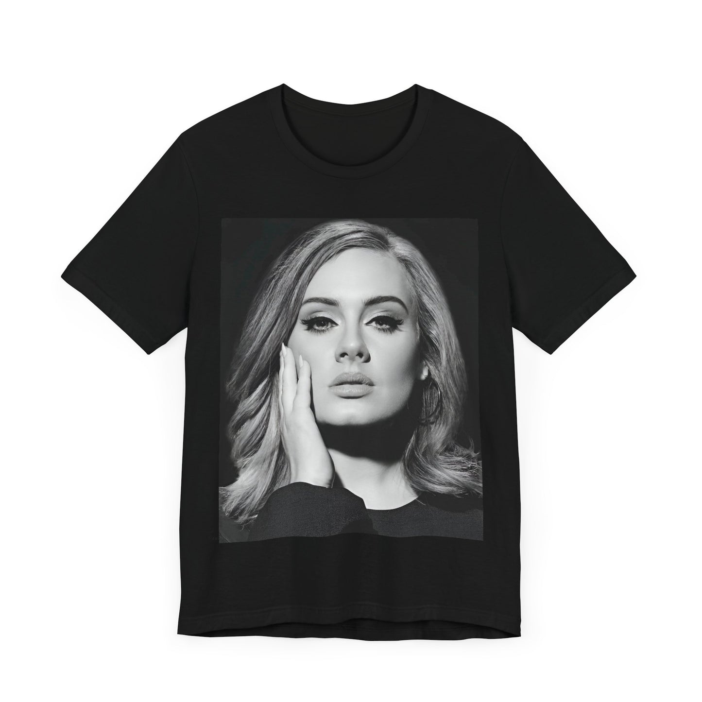 A black graphic t-shirt featuring a studio portrait of Adele from her '25' album era, showing a poised and thoughtful expression with her hair styled elegantly.