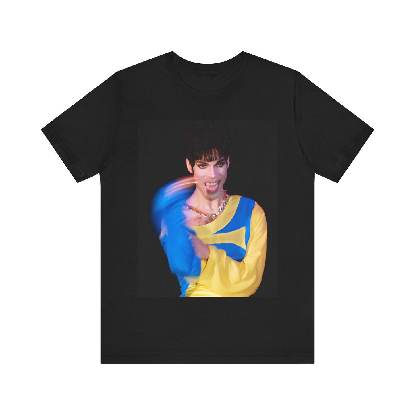 A black graphic t-shirt featuring a graphic related to Prince's 'When Doves Cry' song or era.