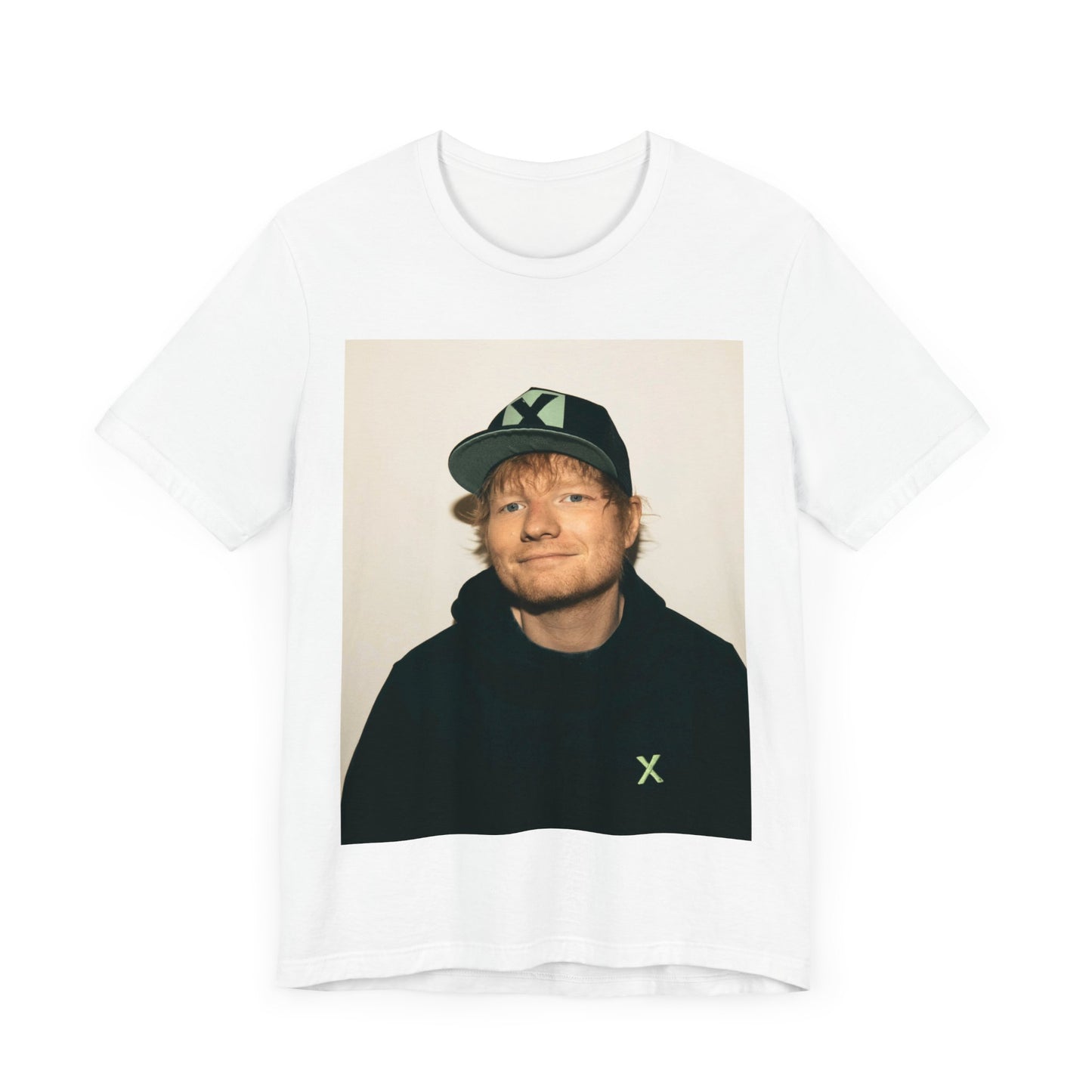A black graphic t-shirt featuring a glamorous graphic of Ed Sheeran as a global tour icon.