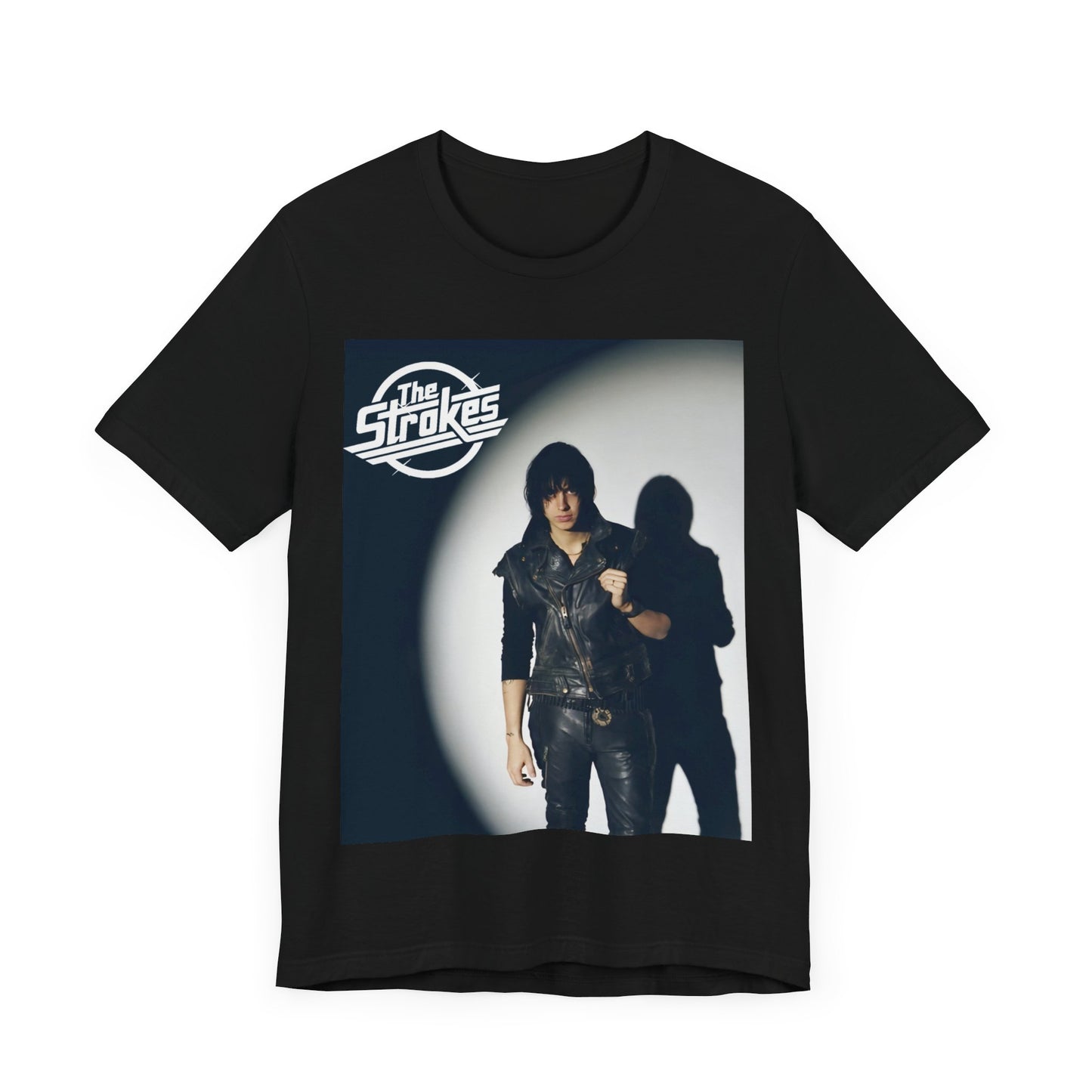 A black graphic t-shirt featuring a classic NYC garage rock graphic of The Strokes.