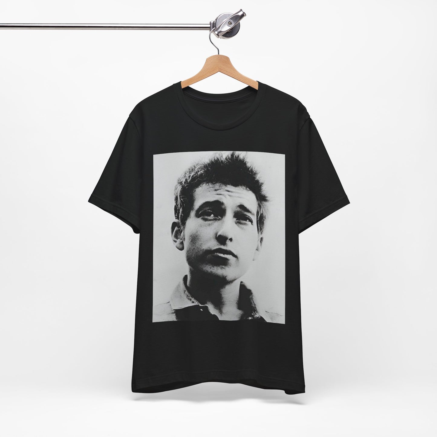 A black graphic t-shirt featuring a retro black and white folk iconic graphic of Bob Dylan.