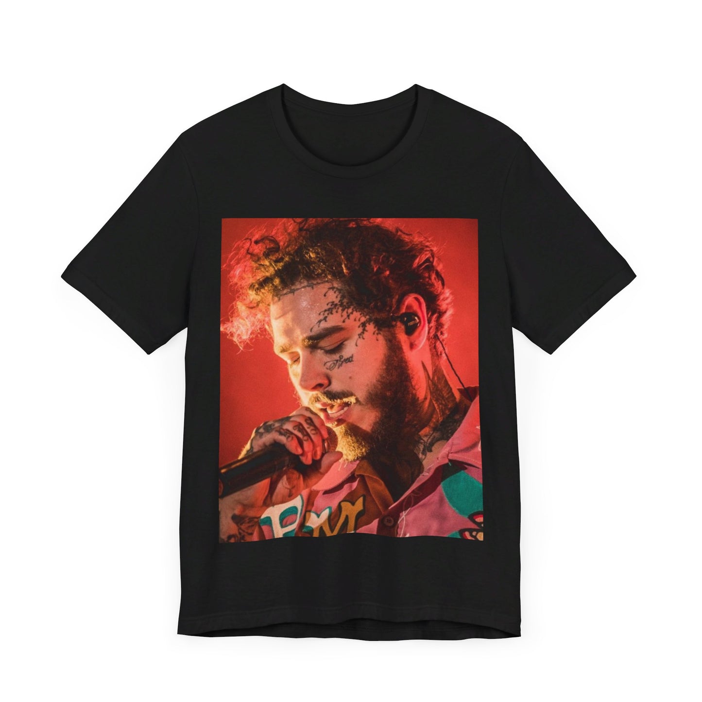 A black graphic t-shirt featuring a graphic of Post Malone in a tattoo art style.