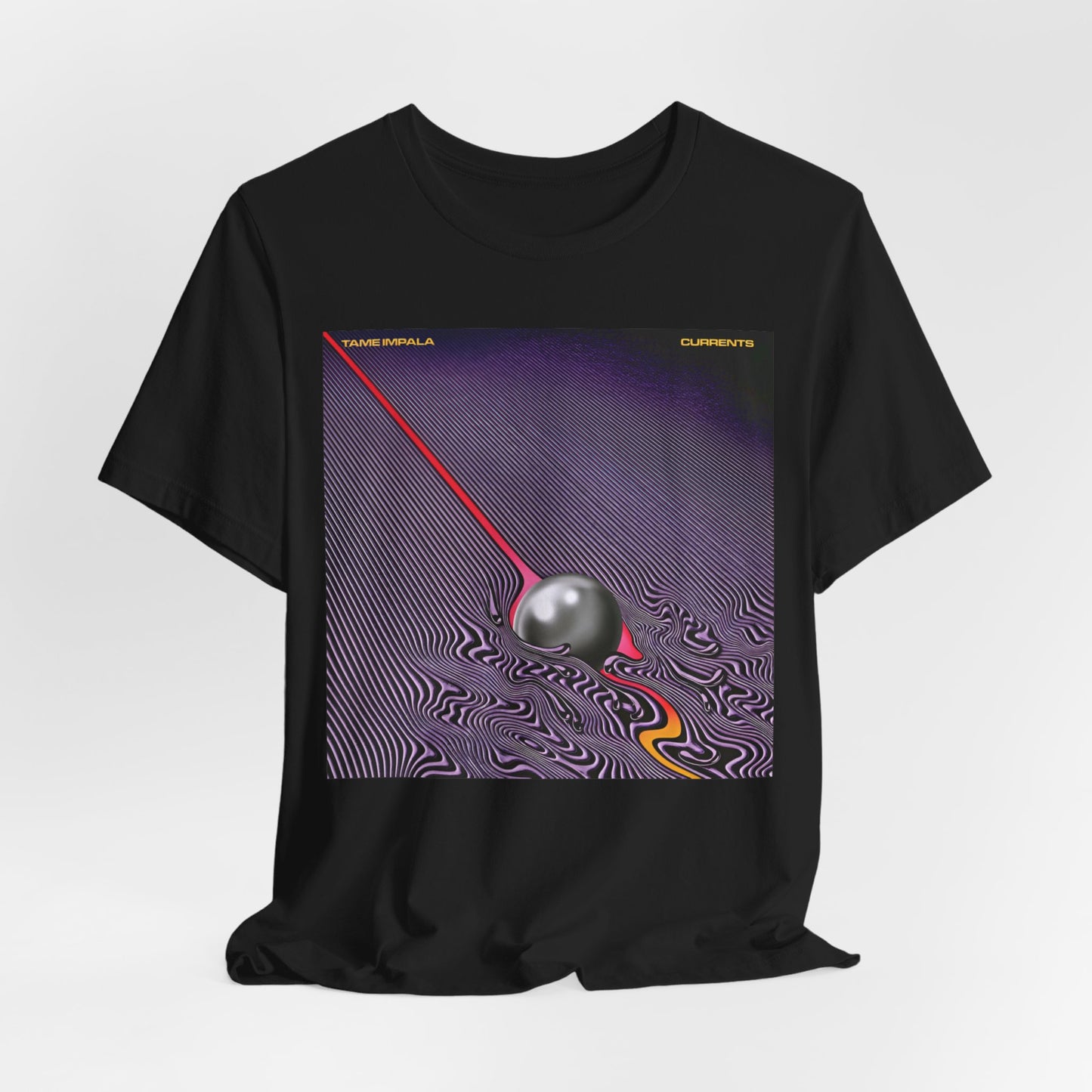 A black graphic t-shirt featuring a graphic related to Tame Impala's 'Currents' album.