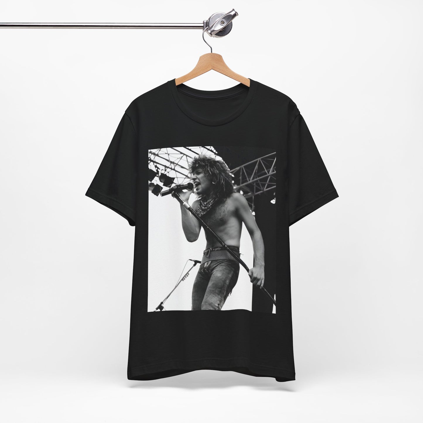 A black graphic t-shirt featuring a retro tour graphic for Bon Jovi's '88 tour.