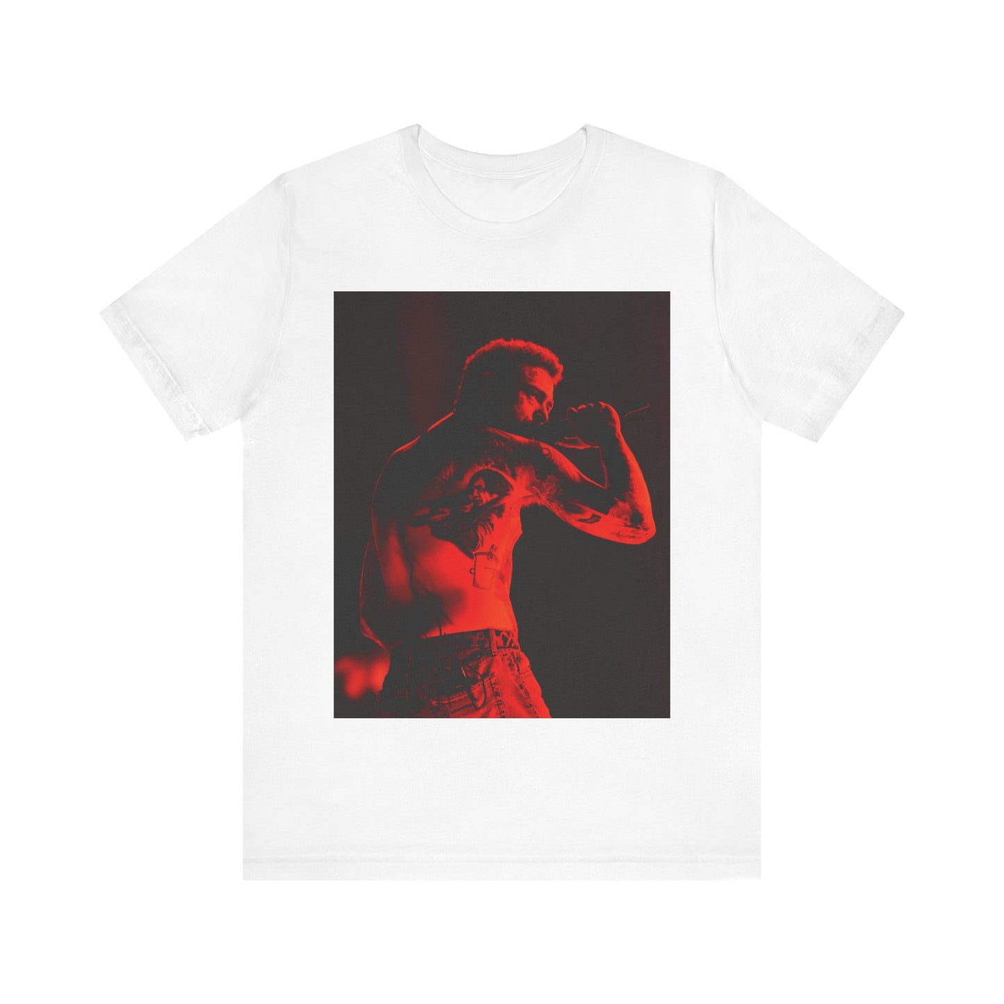 A black graphic t-shirt featuring a graphic related to Post Malone's 'Stoney' album or live performances.