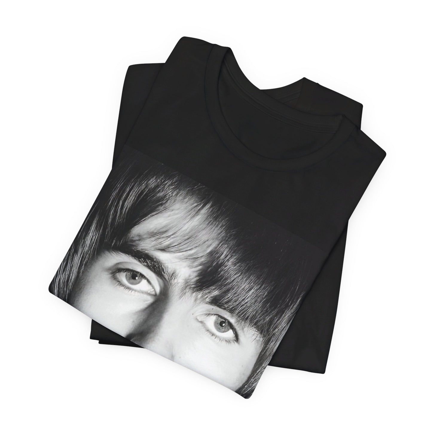 A black graphic t-shirt featuring a 90s portrait photo of Liam Gallagher from Oasis.