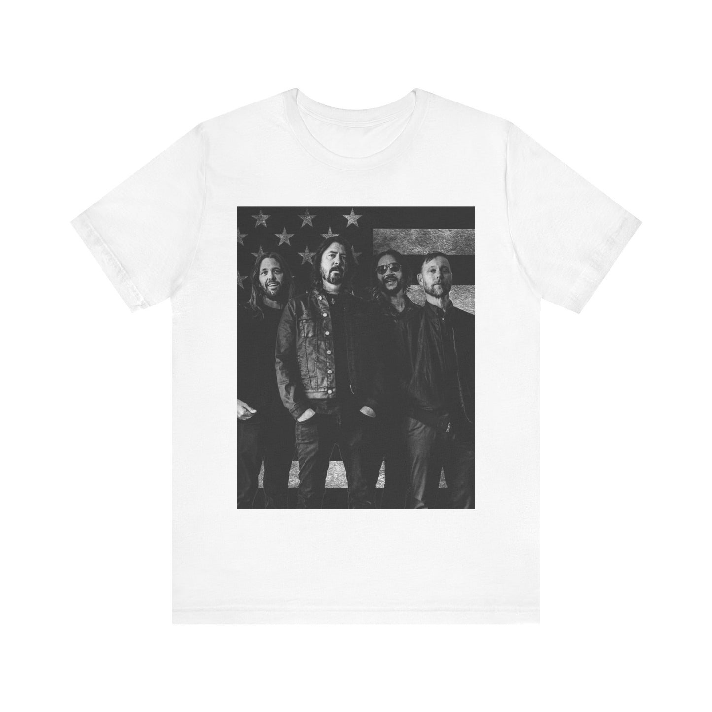 A black graphic t-shirt featuring a graphic of Foo Fighters integrated with elements of the American flag.