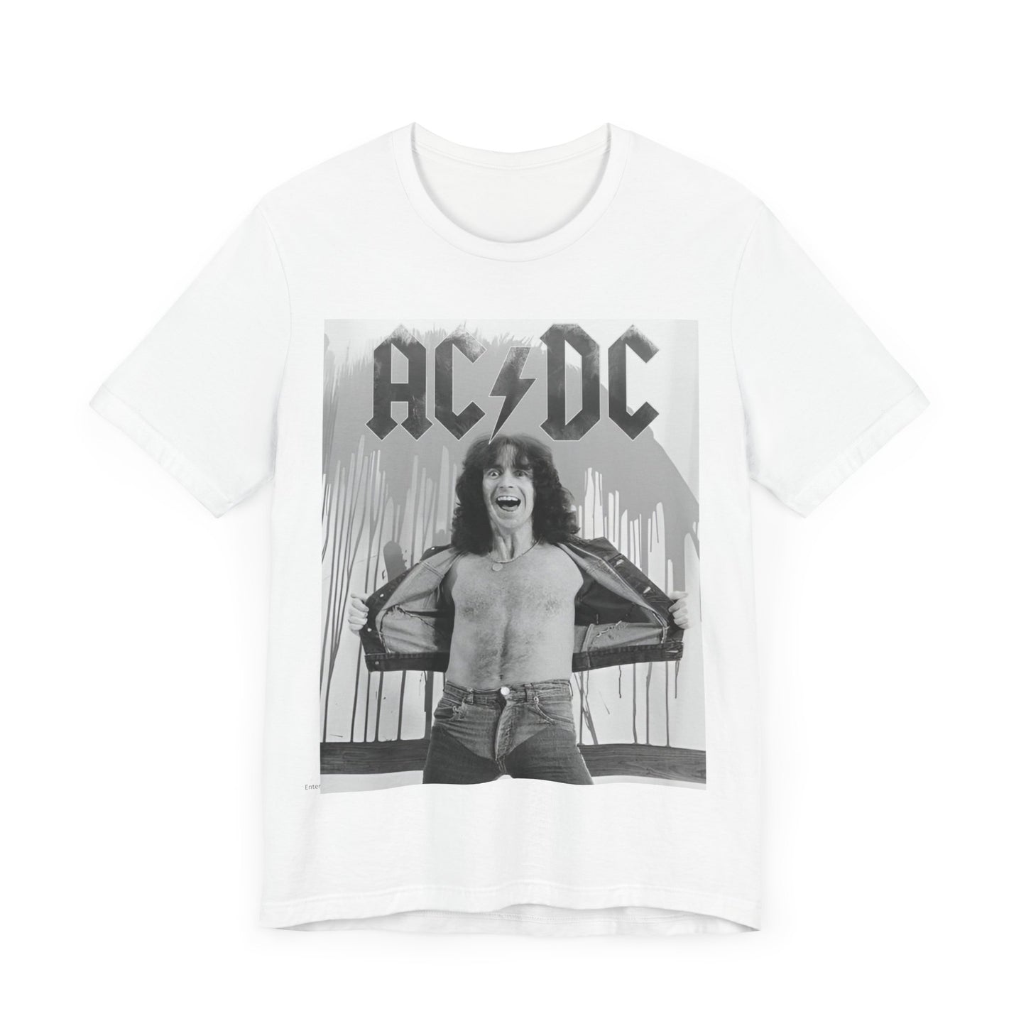 A vintage-style graphic of AC/DC's original frontman, Bon Scott, printed on a t-shirt.