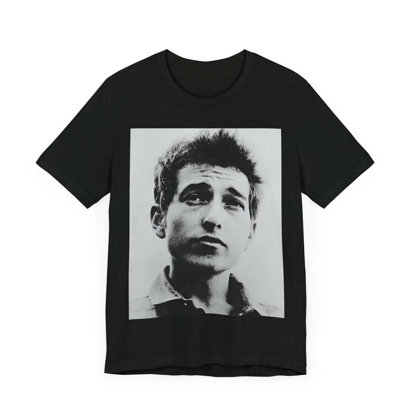 A black graphic t-shirt featuring a retro black and white folk iconic graphic of Bob Dylan.