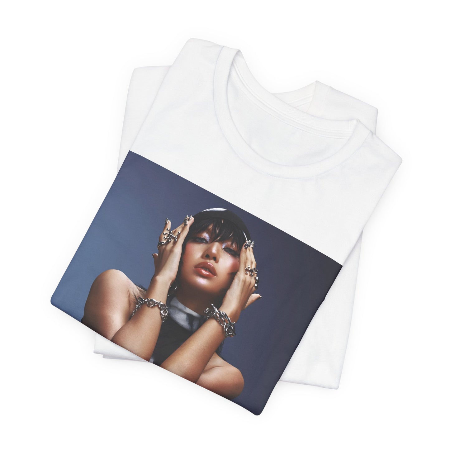 A black graphic t-shirt featuring a bold visual graphic of Lisa from K-Pop.