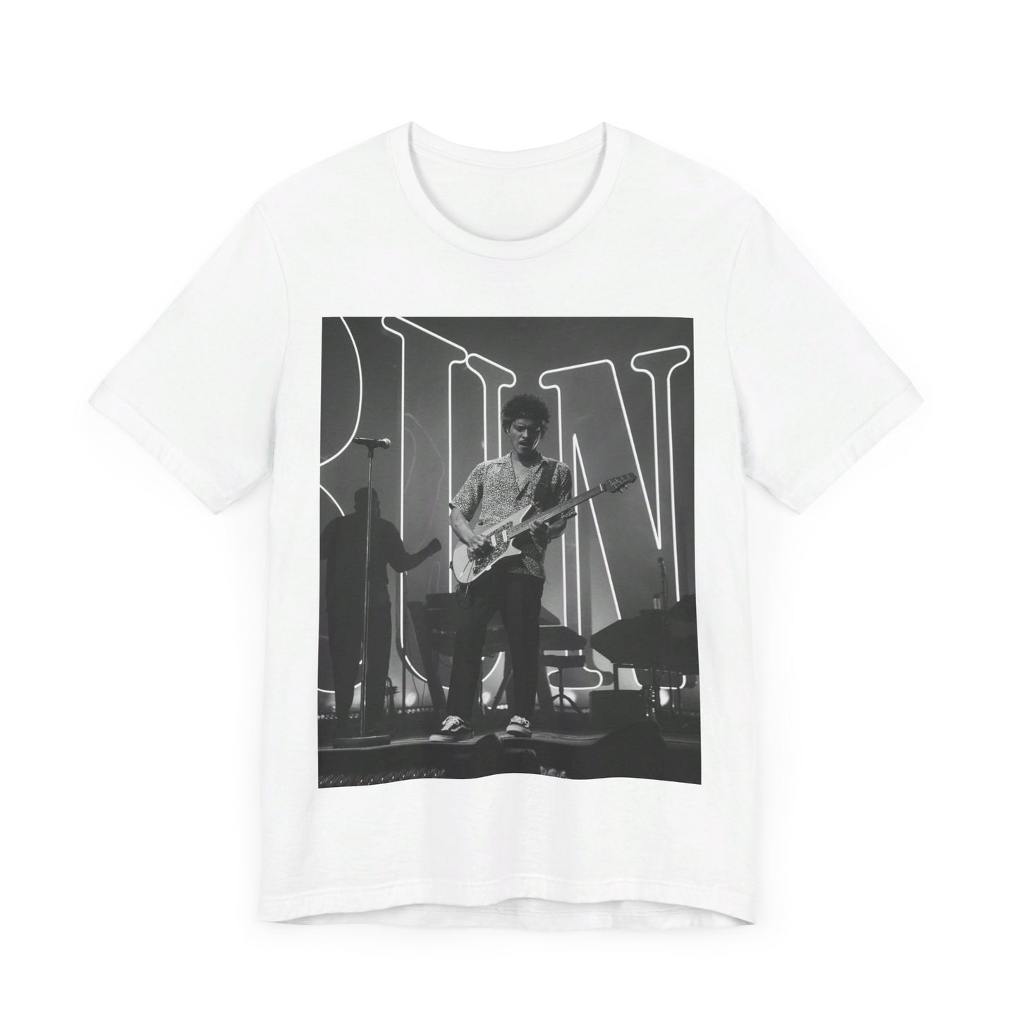 A black graphic t-shirt featuring a black and white photo of Bruno Mars performing live on stage.