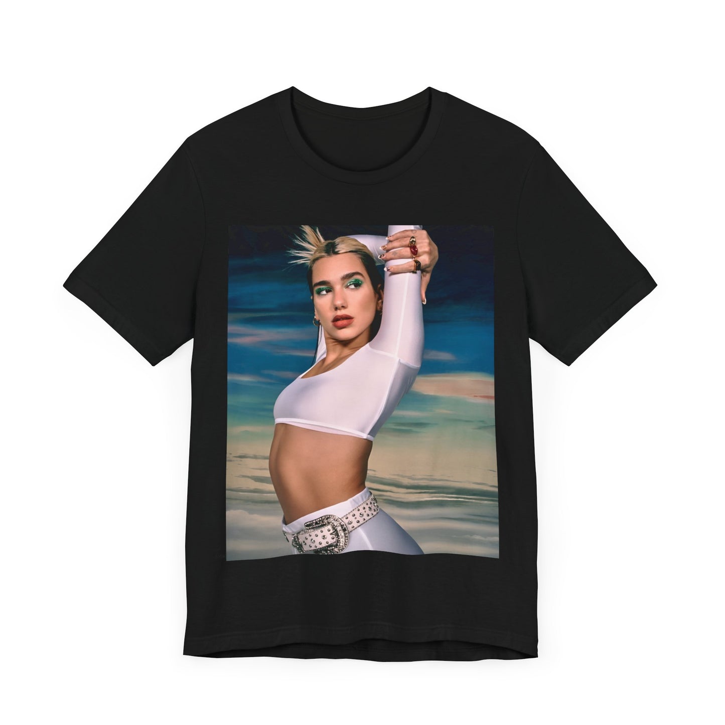 A black graphic t-shirt featuring a stylized graphic of Dua Lipa as a modern pop sensation.