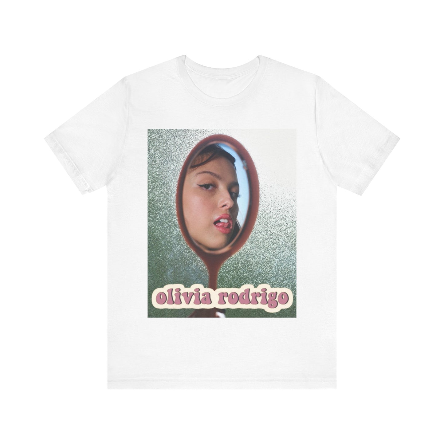 A black graphic t-shirt featuring a Y2K pop aesthetic graphic of Olivia Rodrigo.