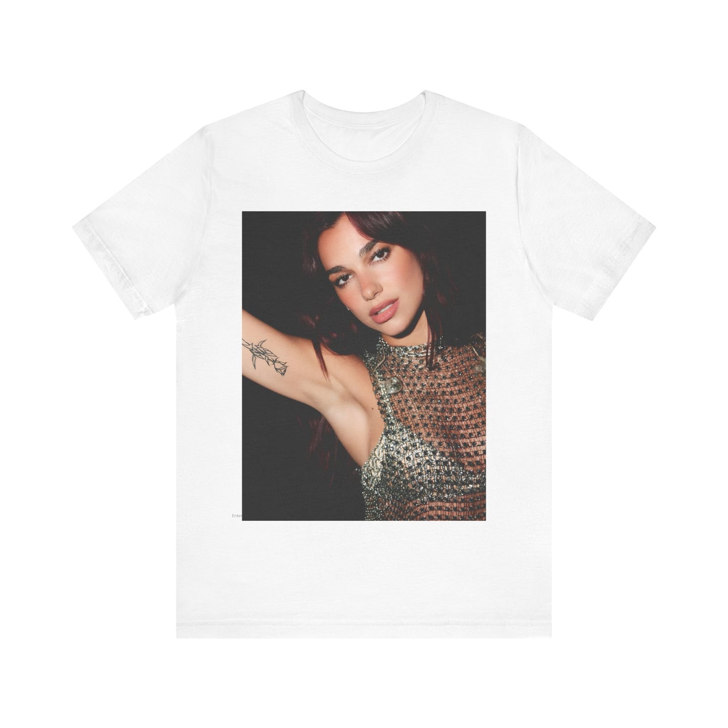A black graphic t-shirt featuring a retro graphic inspired by Dua Lipa's "Don't Start Now" song.