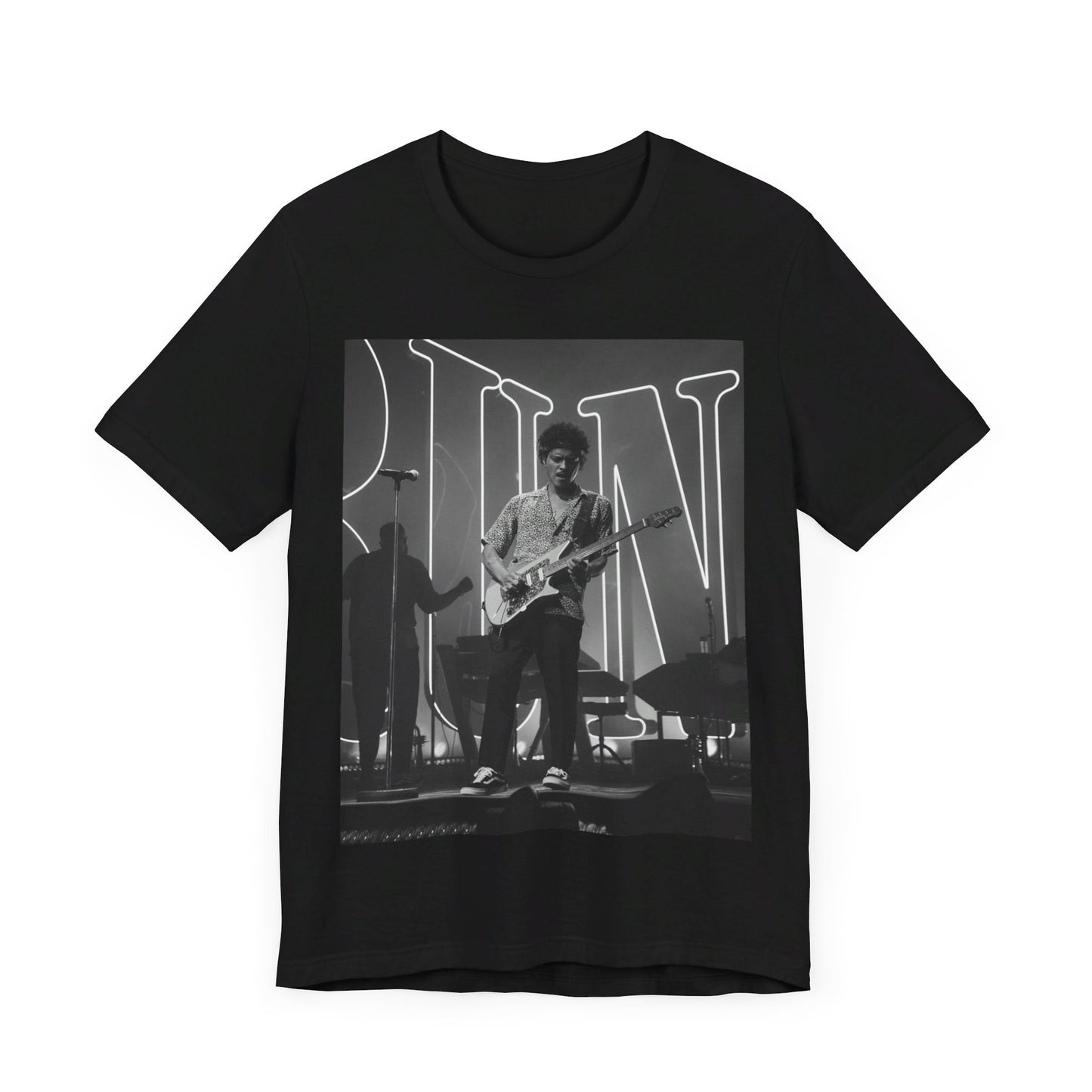 A black graphic t-shirt featuring a black and white photo of Bruno Mars performing live on stage.
