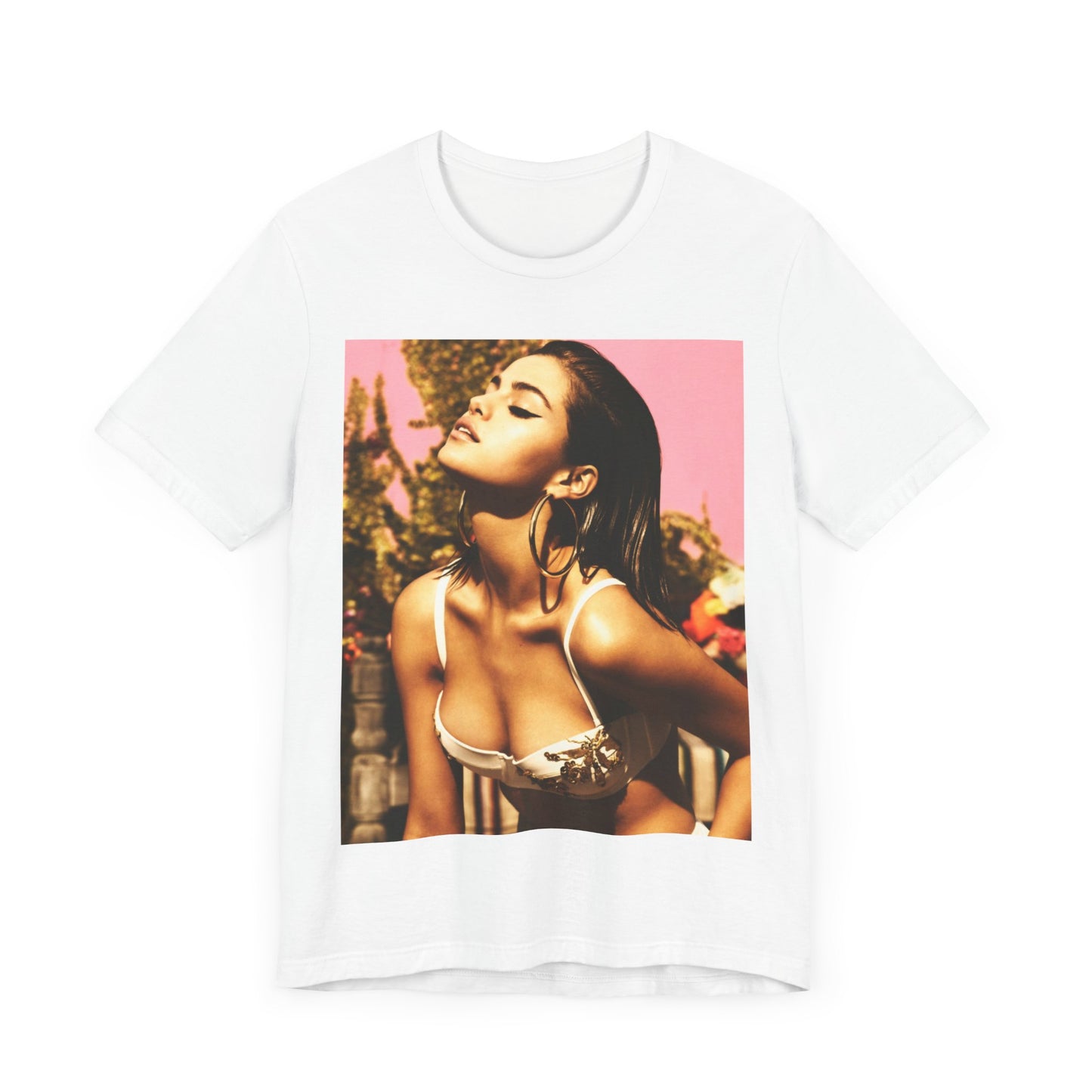 A black graphic t-shirt featuring a graphic of Selena Gomez emphasizing her timeless beauty.