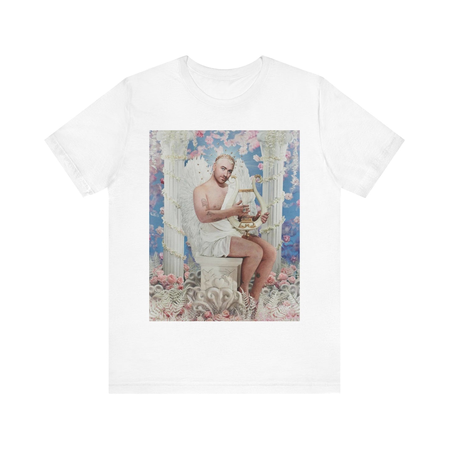 A black graphic t-shirt featuring a heavenly angel pop graphic of Sam Smith.