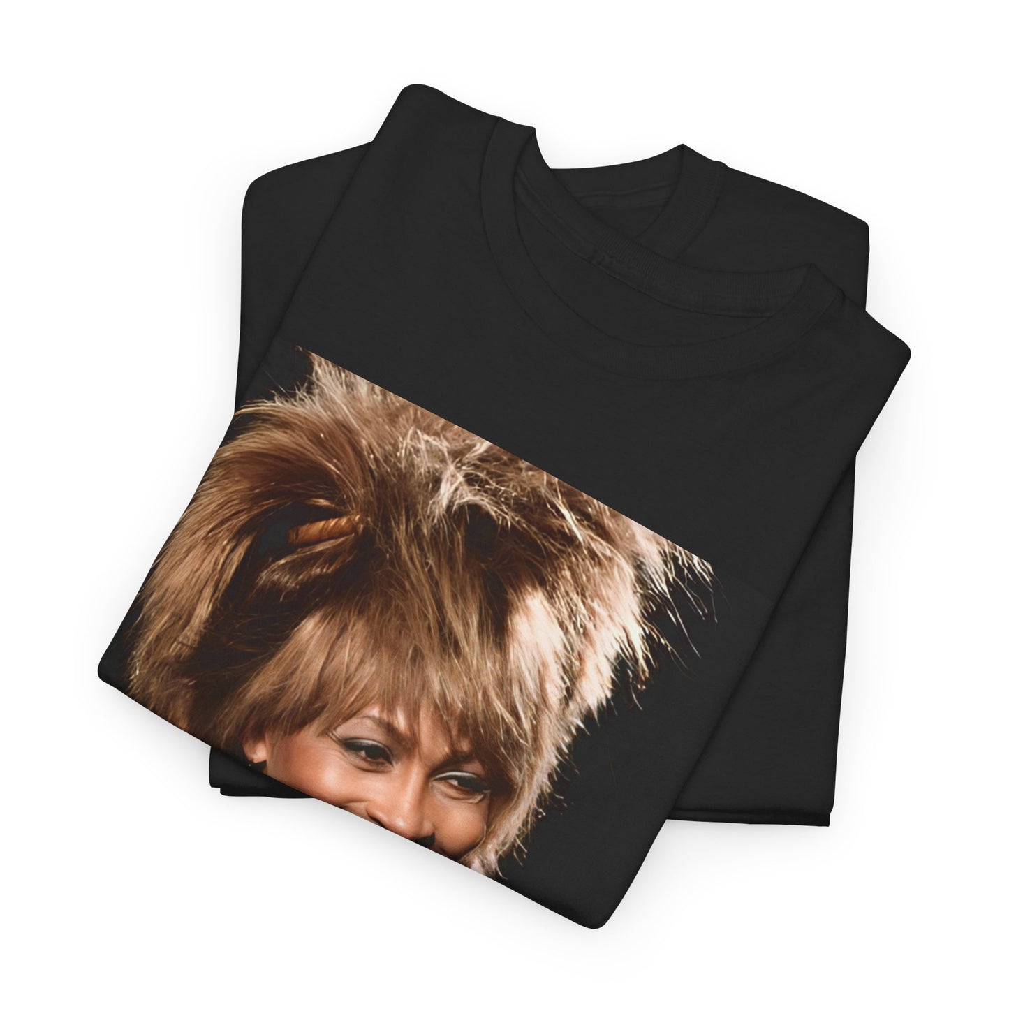 A black graphic t-shirt featuring a nostalgic graphic of Tina Turner as the Queen of Rock.