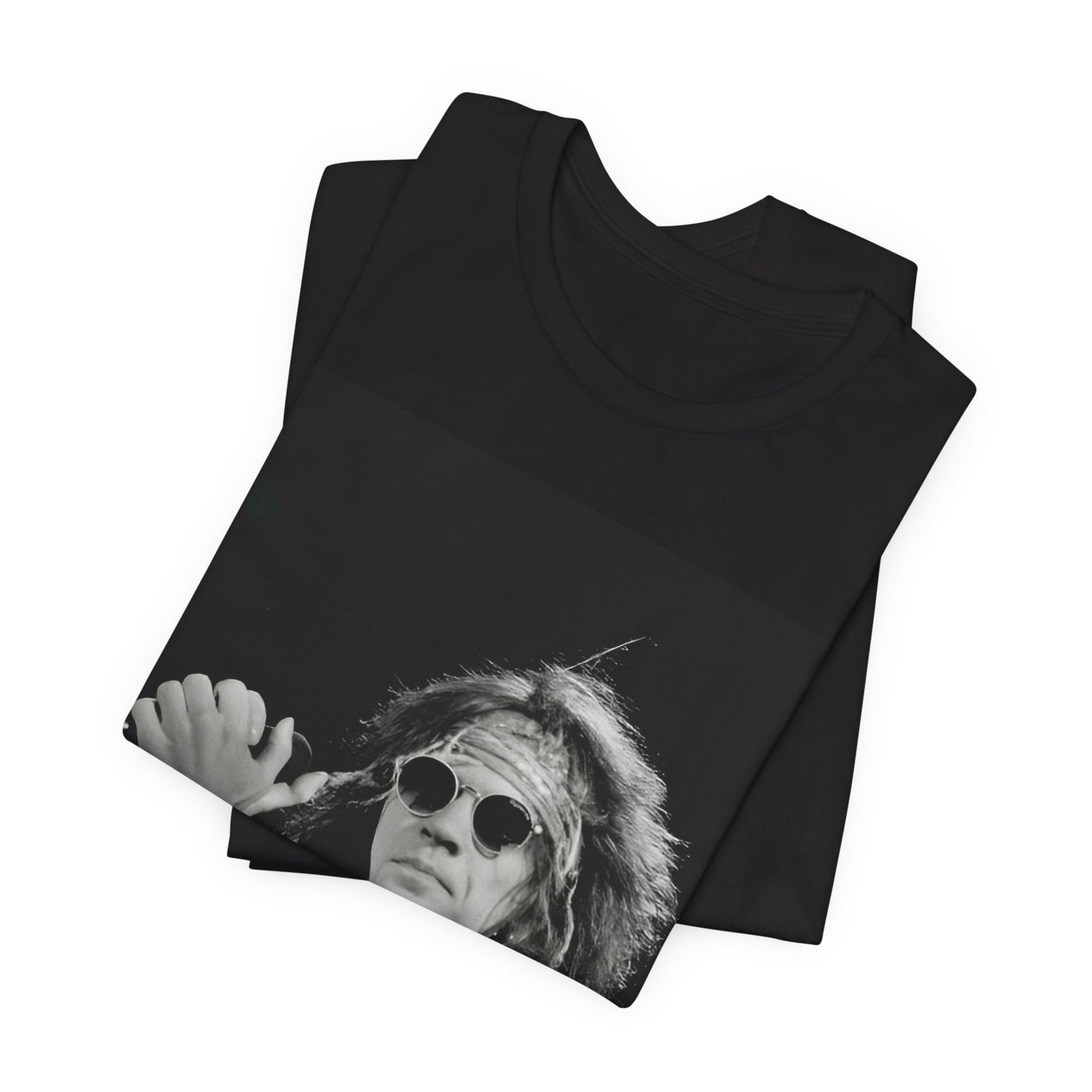 A black graphic t-shirt featuring a vintage graphic related to Bon Jovi's '94 era or "Glory Days".