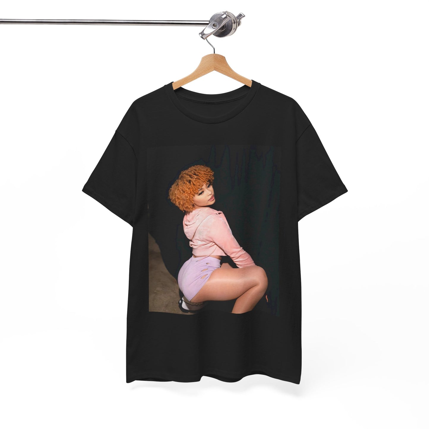 A black graphic t-shirt featuring a graphic of Ice Spice as a rap iconic viral sensation.