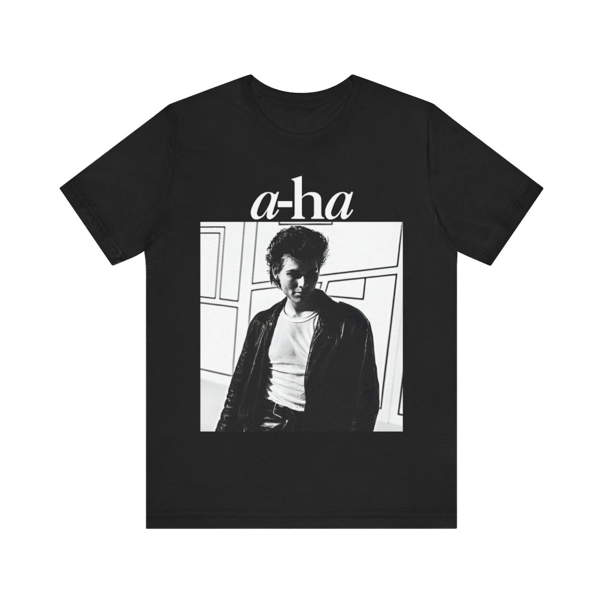 A black graphic t-shirt featuring a stylized pop art graphic inspired by A-HA's "Take On Me" music video from 1985.