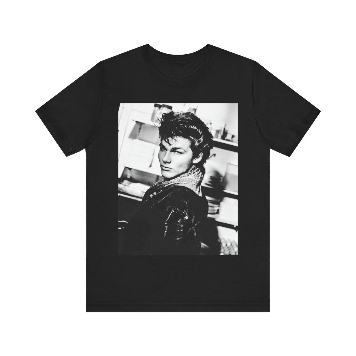 A black graphic t-shirt featuring a black and white photographic portrait of the band A-HA, capturing their iconic 80s look.