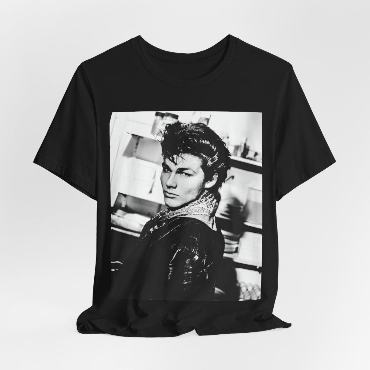 A black graphic t-shirt featuring a black and white photographic portrait of the band A-HA, capturing their iconic 80s look.