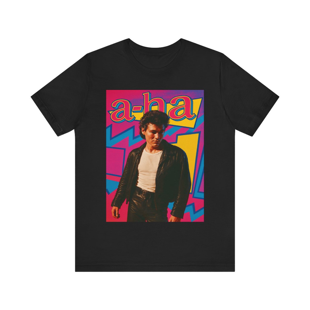 A black graphic t-shirt featuring a retro 80s pop art style illustration of the band A-HA, with vibrant colors and bold lines.