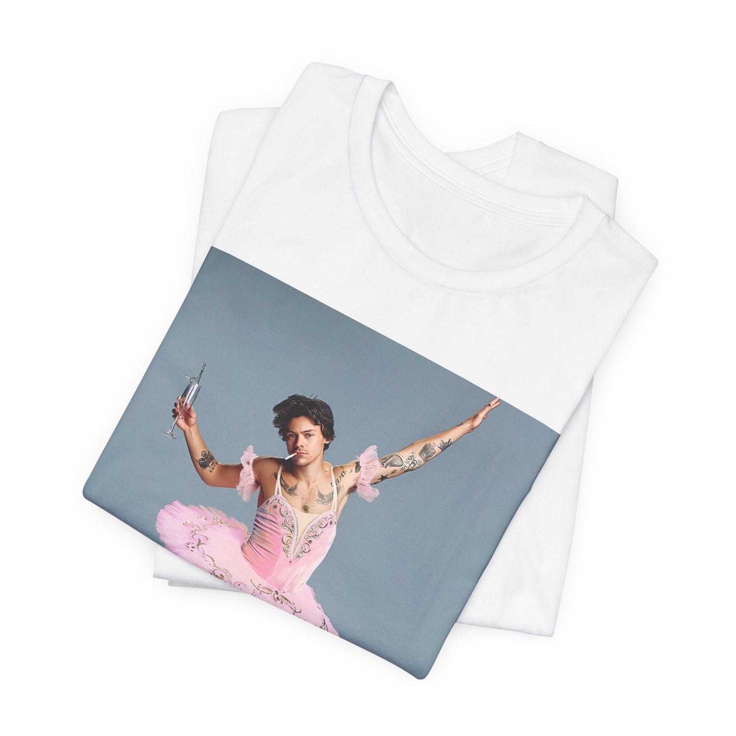 A black graphic t-shirt featuring a photo of Harry Styles in a ballet pose or setting.
