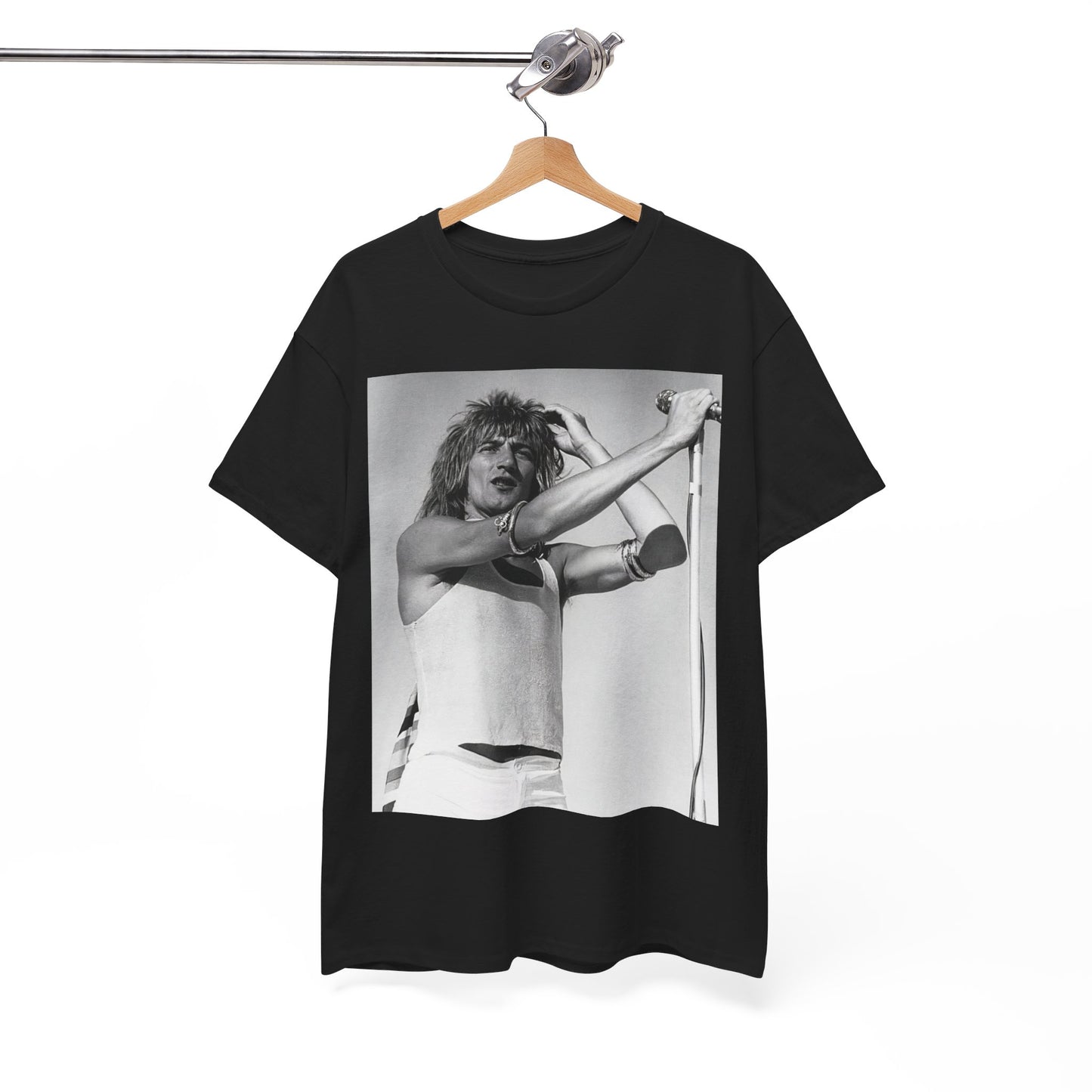 A black graphic t-shirt featuring a vintage black and white graphic or photo of Rod Stewart on tour.
