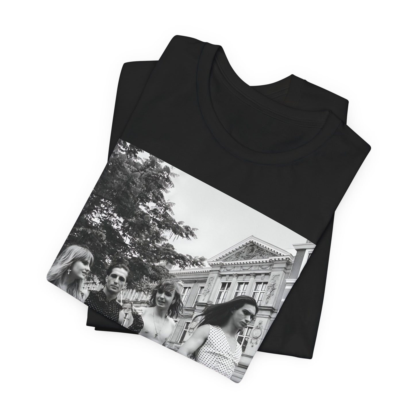 A black graphic t-shirt featuring a retro black and white monochrome graphic or photo of Maneskin.
