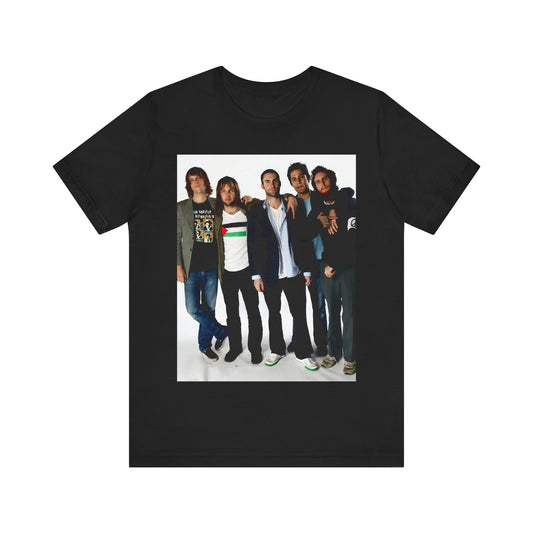 A scrapbook-style collage of various photos of the band Maroon 5 from a classic era, printed on a graphic t-shirt