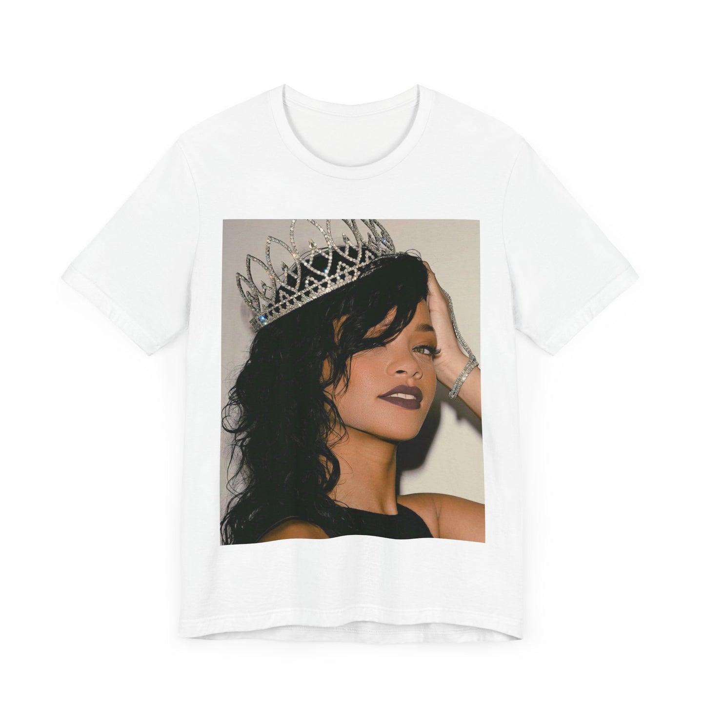 A black graphic t-shirt featuring a Y2K pop aesthetic graphic of Rihanna.