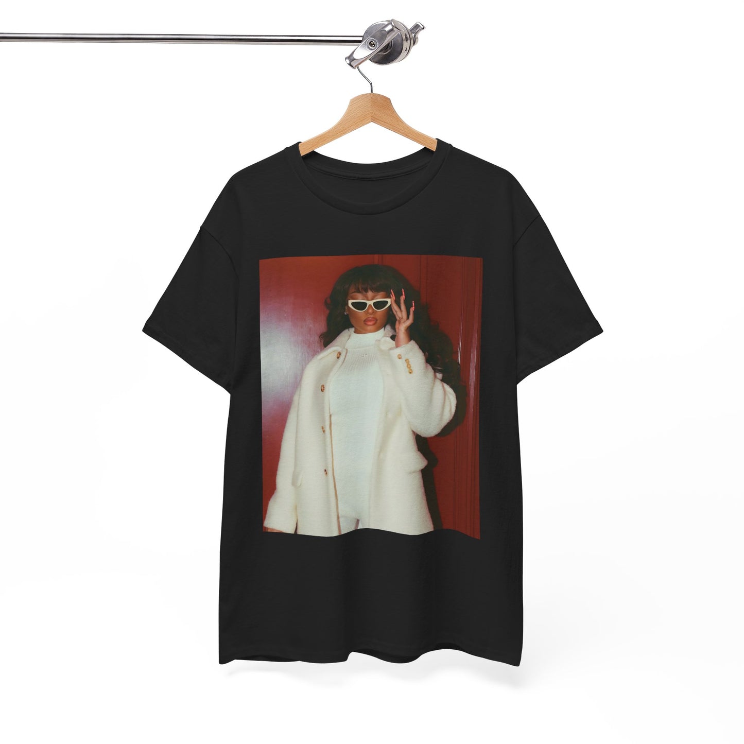A black graphic t-shirt featuring a glamorous graphic of Megan Thee Stallion.