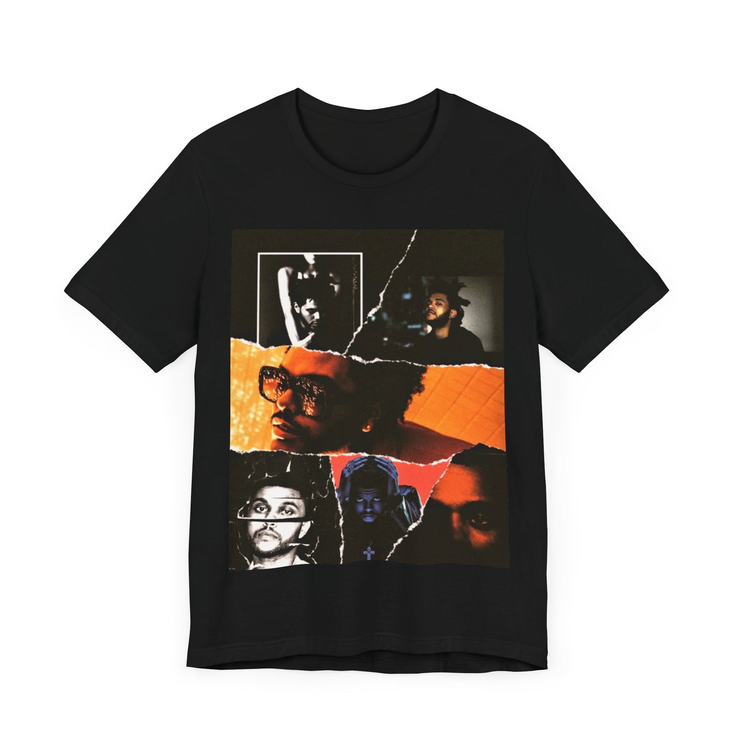 A black graphic t-shirt featuring a retro bootleg graphic of The Weeknd.