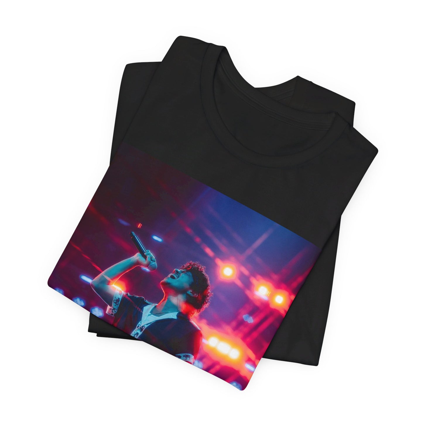 A black graphic t-shirt featuring a vintage tour graphic for Bruno Mars' '24K Magic' era.