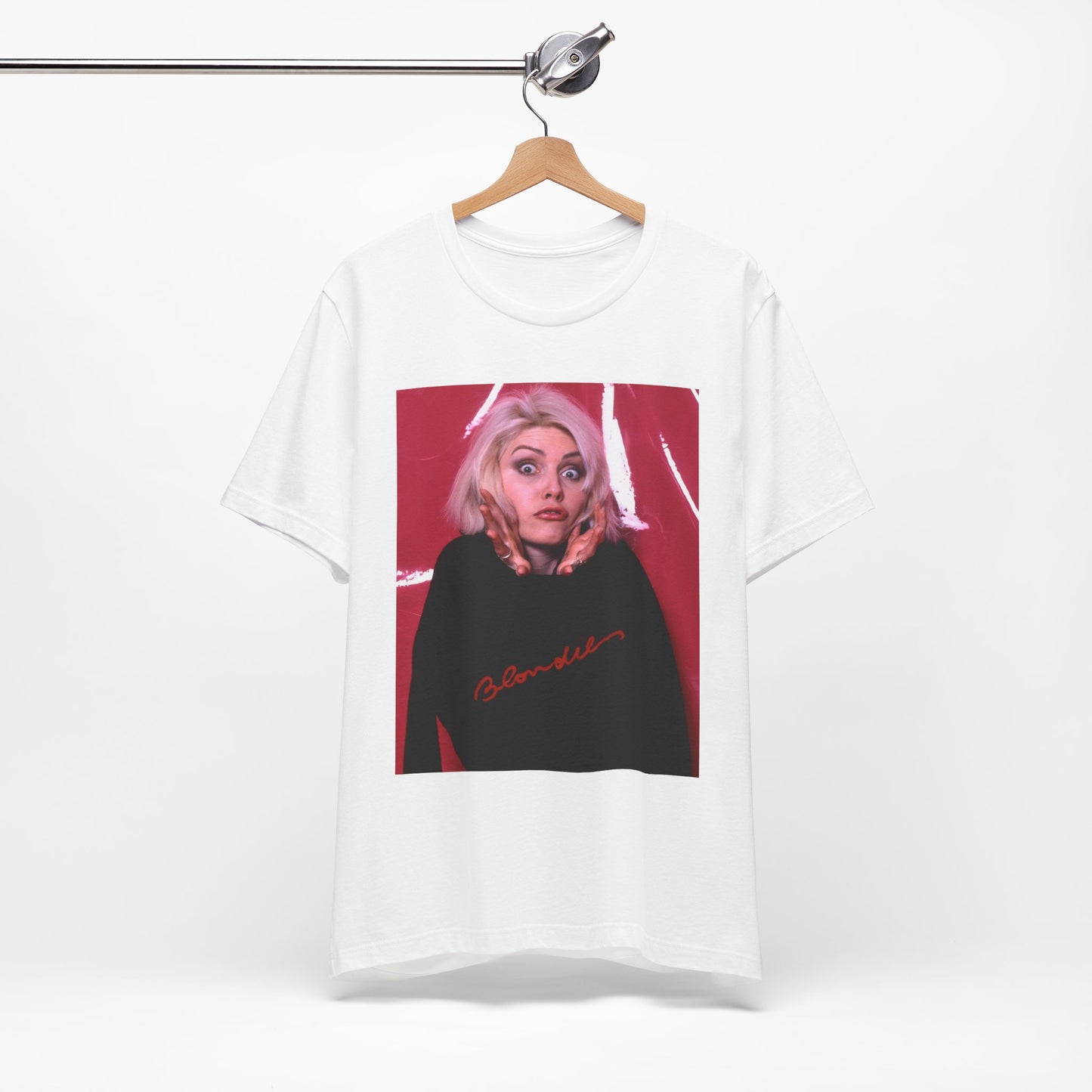 A black graphic t-shirt featuring a graphic related to Blondie's 'Atomic' song or era.