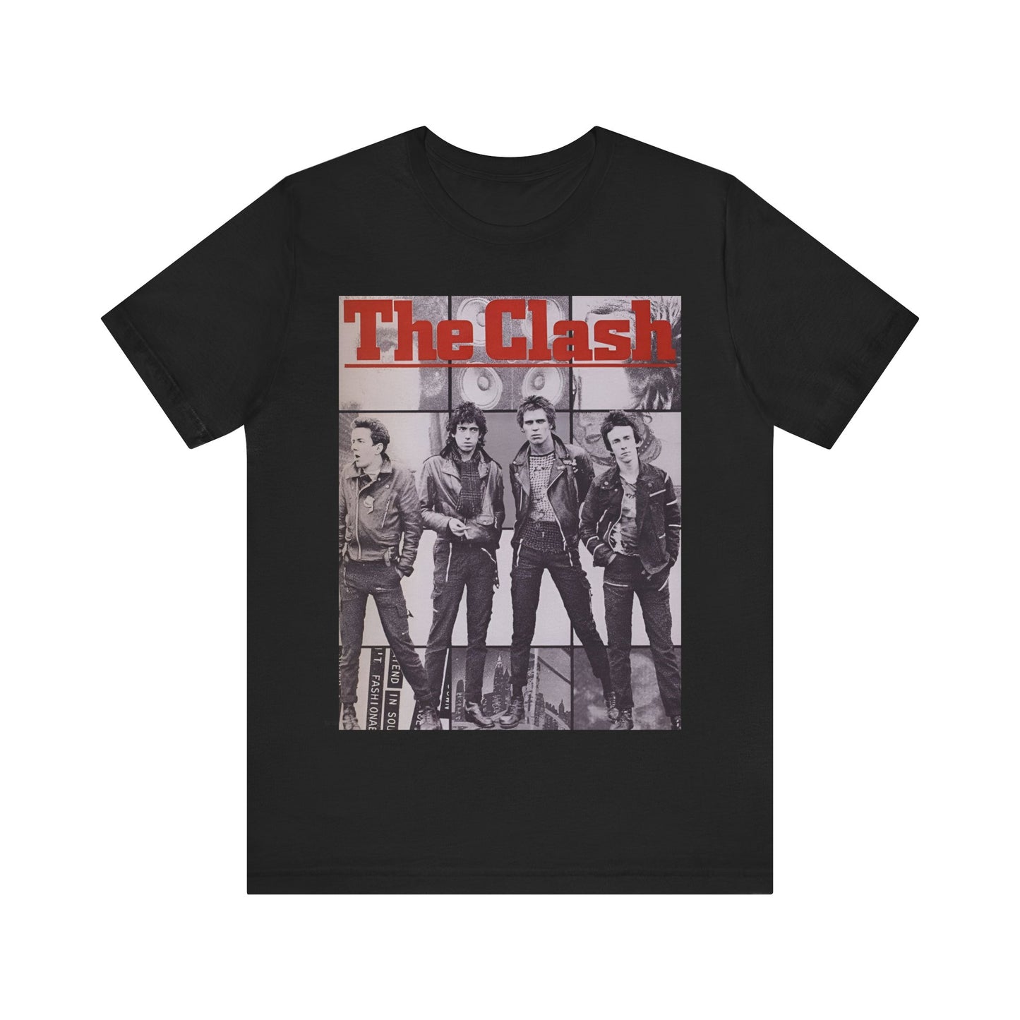 A black graphic t-shirt featuring a 70s retro punk superstar graphic of The Clash.