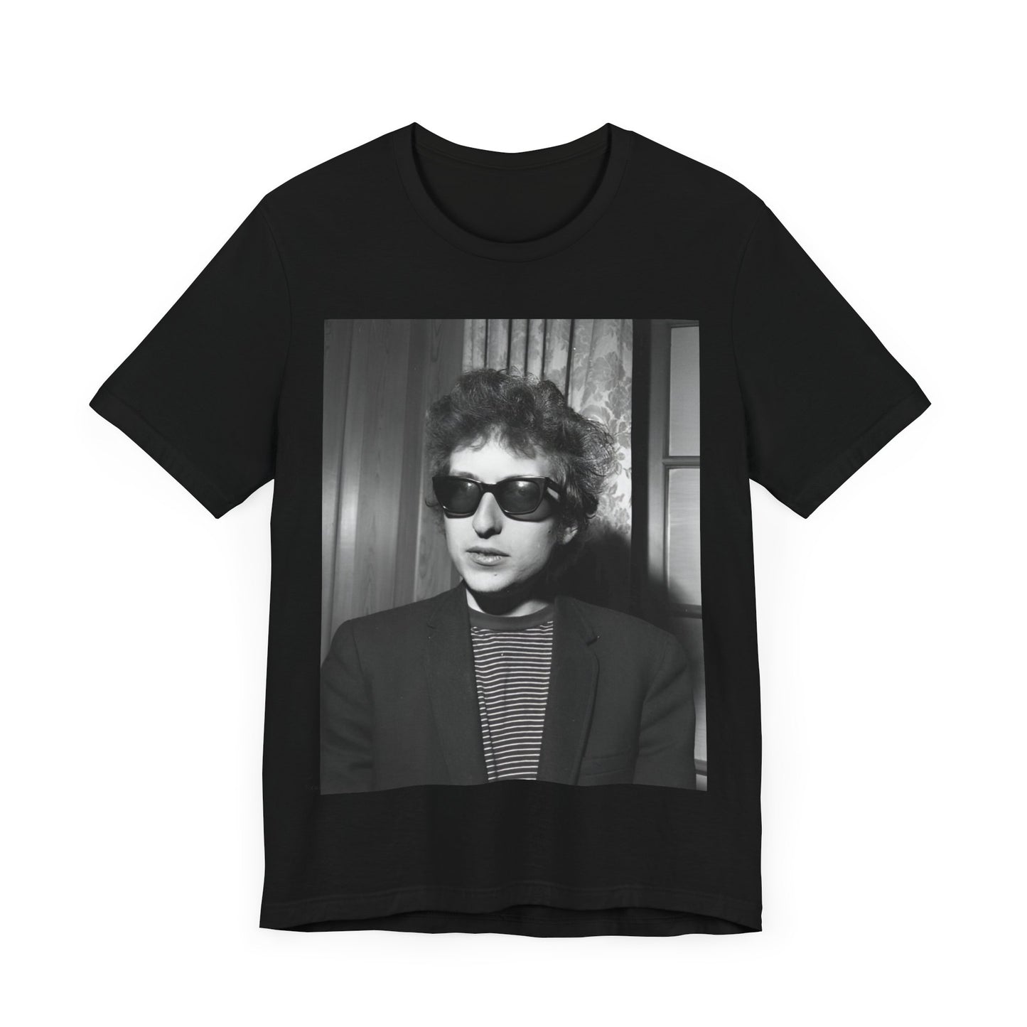 A black graphic t-shirt featuring a graphic related to Bob Dylan's 'The Freewheelin' album era.