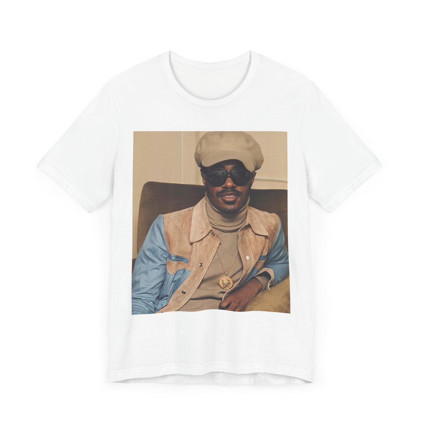 A black graphic t-shirt featuring a retro graphic related to Stevie Wonder's 'Songs in the Key of Life' album era.