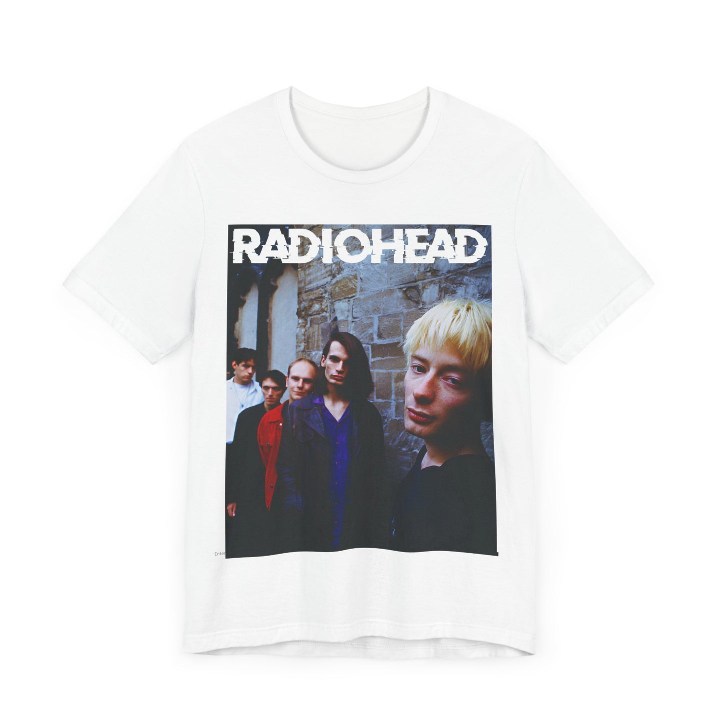 A black graphic t-shirt featuring a 90s graphic related to Radiohead's 'Karma Police' song or era.