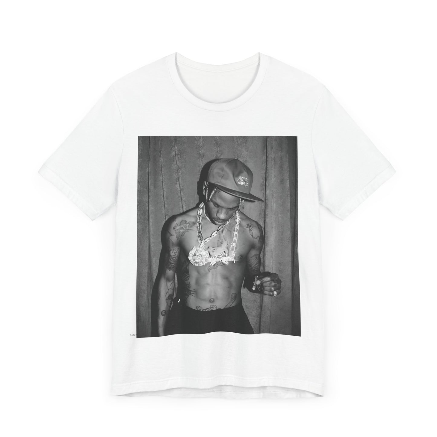 A black graphic t-shirt featuring a graphic of Travis Scott as the Houston rap king.
