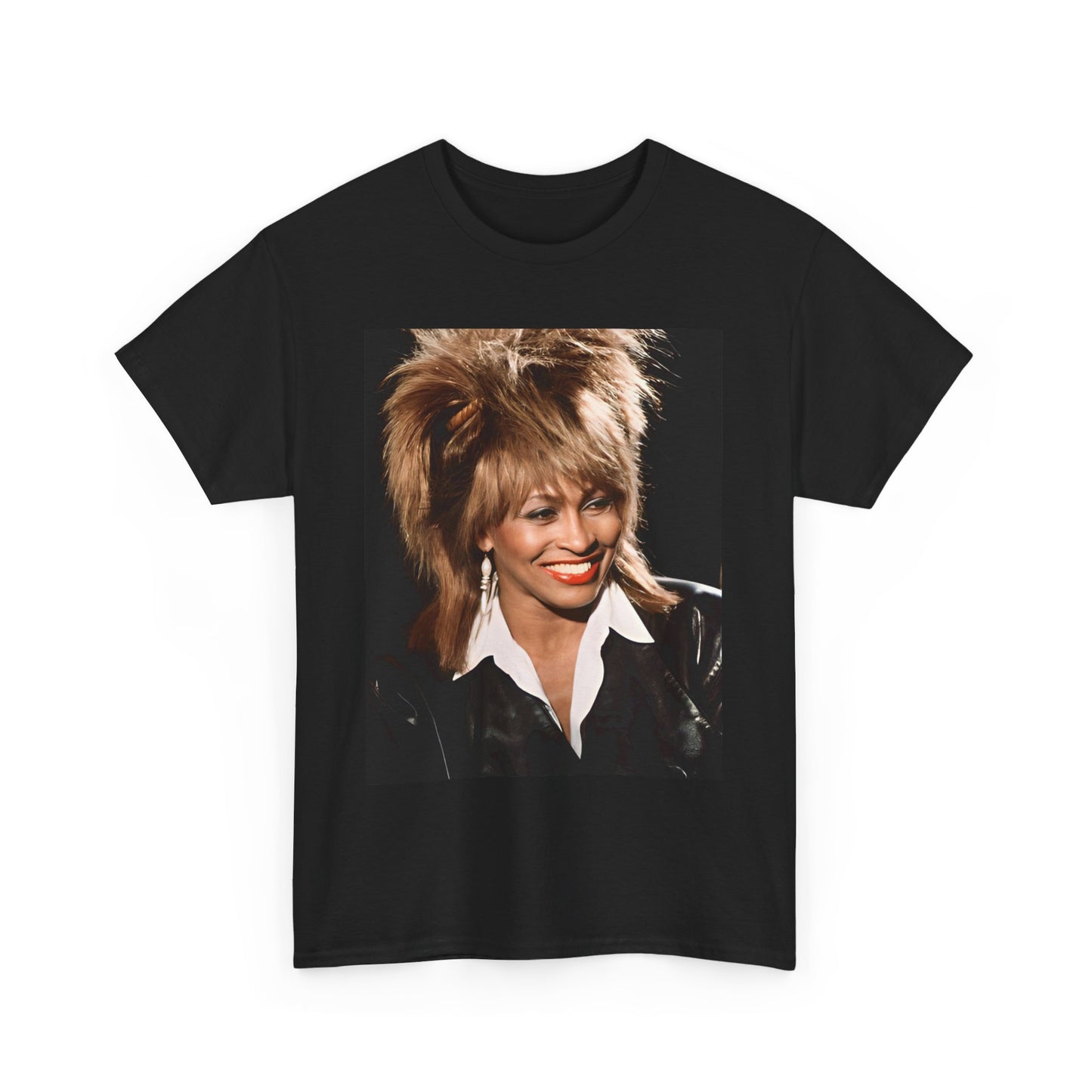 A black graphic t-shirt featuring a nostalgic graphic of Tina Turner as the Queen of Rock.