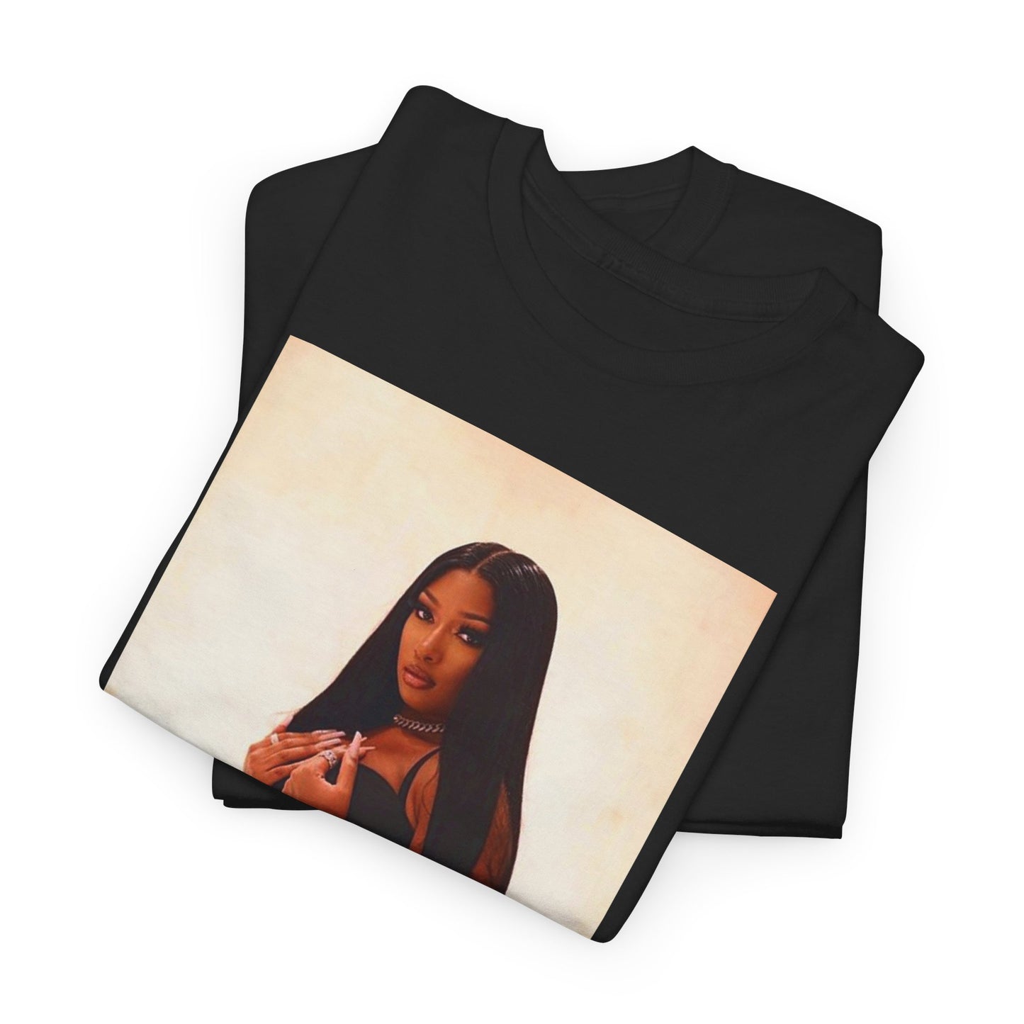 A black graphic t-shirt featuring a graphic of Megan Thee Stallion as the Queen of Rap.